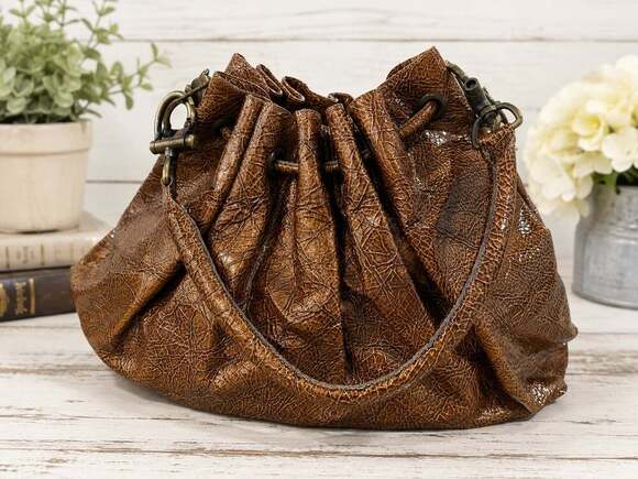 Vicky Tcherassi Handbags - Y2K Vicky Tcherassi Brown Crinkle Patent Leather Drawstring Bucket Shoulder Bag